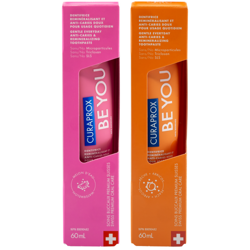 CURAPROX Be You — Gentle Everyday Toothpaste - 1x Peach/Apricot 60 mL + 1x Watermelon 60 mL - Trial Version - FREE SHIPPING - Oral Science